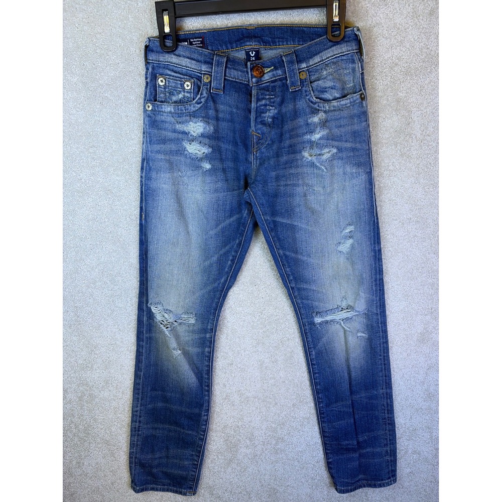 True Religion Cameron Slim Boyfriend Jeans Women 24 (Fits 26x28) Blue Distressed